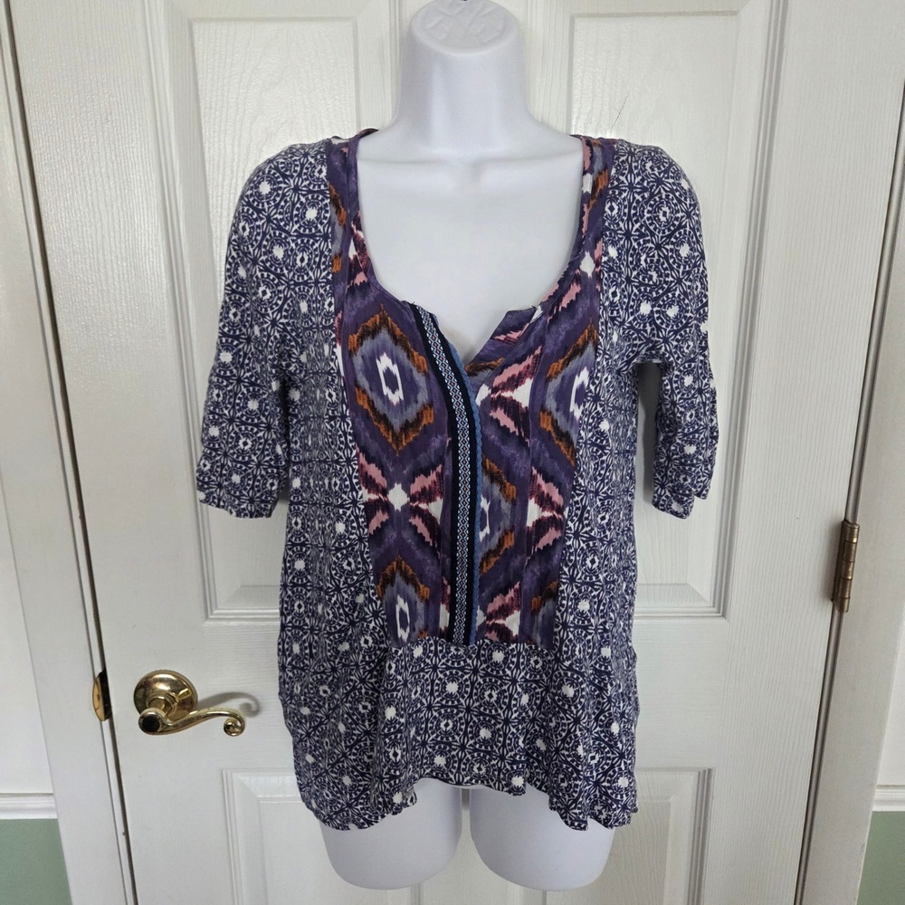 Akemi + Kin Anthropologie Mixed Print Ikat Medallion Boho Blouse Purple Blue S